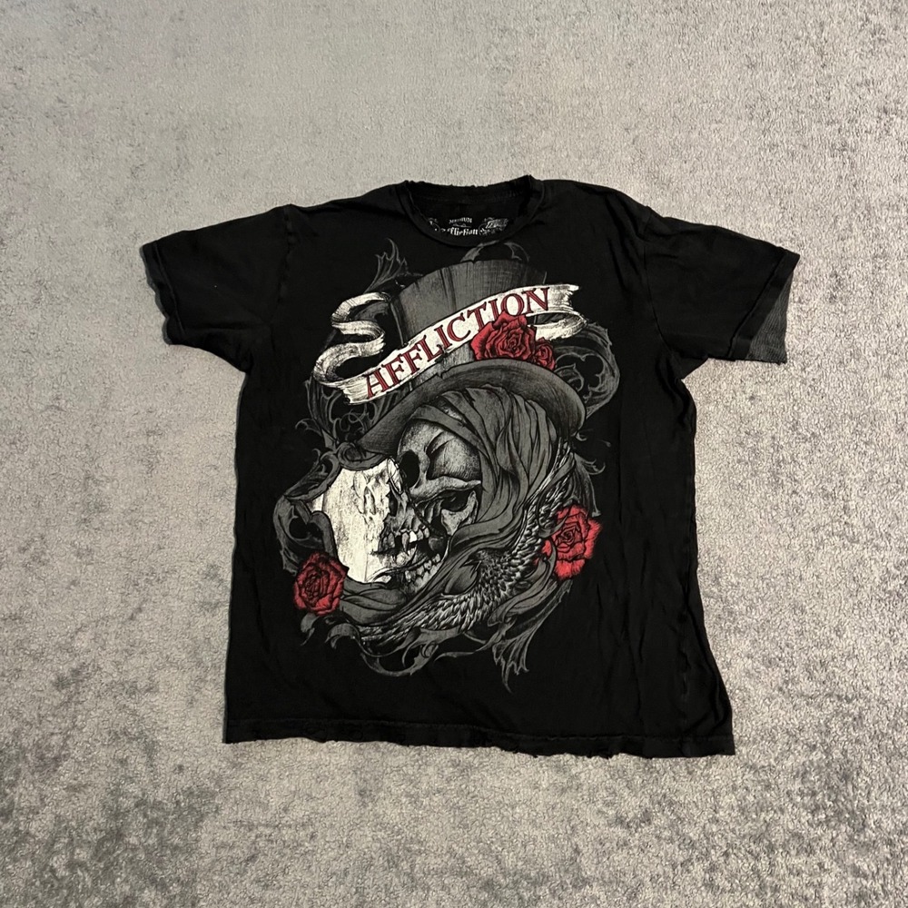 Vintage Y2K Affliction Mens Skull Top Hat Rose Shirt Black Distressed Size M